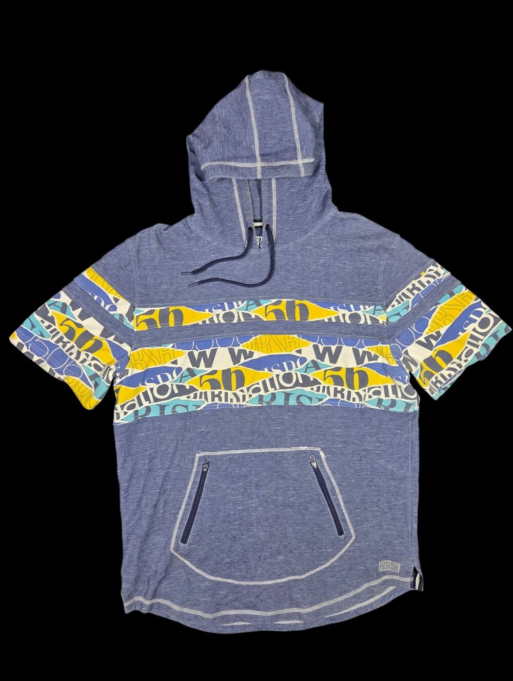 Parish Nation Short Sleeve Hooded Shirt Heavyweight Pocket Blue Abstract 2XL